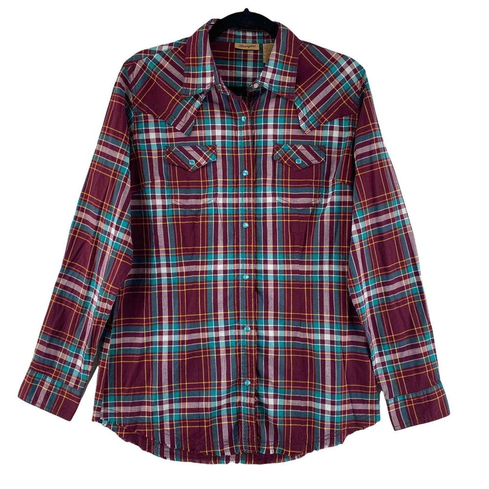 Wrangler Western Shirts Pearl Snap Men Medium Red Plaid Long Sleeve Cotton Blend - Picture 2 of 10